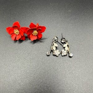 Red Flower Earrings and Silver Floral Dangle Earrings pierced